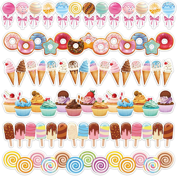 Whaline 69Ft Candyland Bulletin Board Borders Colorful Ice Cream Lollipop Cupcakes for Summer Classroom Decor