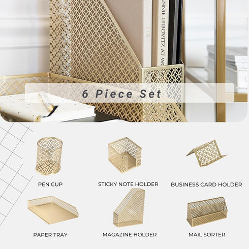 Gold Desk Accessories for Women Office, 6 Piece Gold Desk Set, Office Supplies Gold Organizer - Office Organization Set