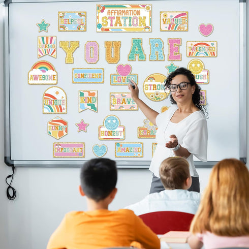 Hippie Affirmation Station Bulletin Board Set Groovy Classroom Decor with Rainbow Mental Health Posters and Accents