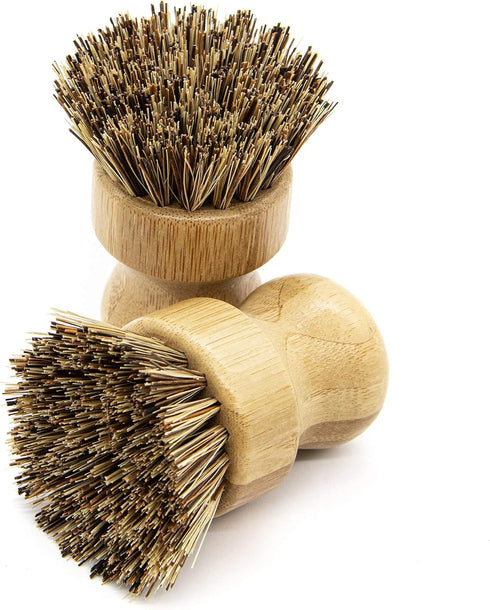 (2-Pack, AUEAR, Natural Bamboo Dish Scrub Brush Cleaning Pot Scrubber Brushes Coconut Bristles for Cast Iron Skillet