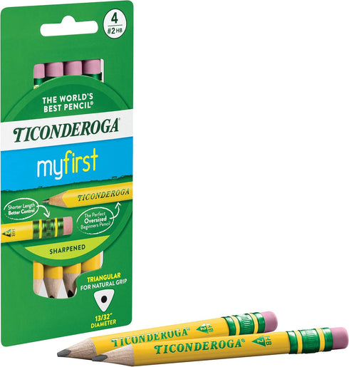 Ticonderoga My First Short Triangular Wood-Cased Pencils, 2 HB Soft with Erasers, Yellow, 4 Count