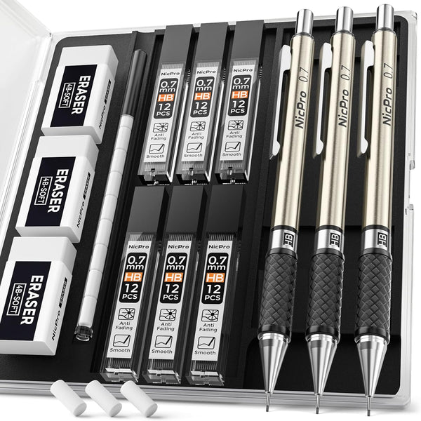 Nicpro 0.7 mm Art Mechanical Pencil Set - 3 PCS Metal Drafting Pencil with Lead Refills and Erasers for Artists