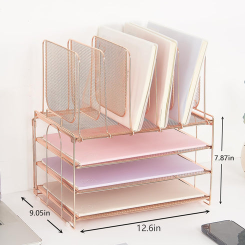 Desk Organizers and Accessories, 3-Tier Paper Organizer with 5 Vertical File Holders, Rose Gold, Desk Accessories