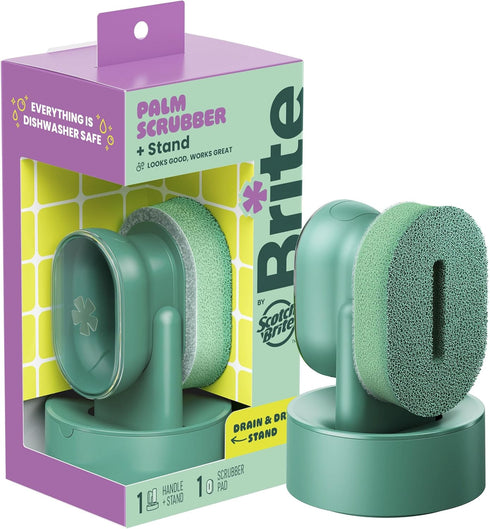 Brite by Scotch-Brite Palm Scrubber with Drain + Dry Stand, Household and