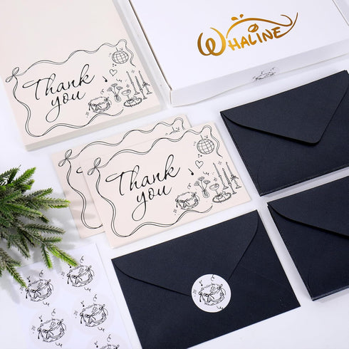 50 Pack Whaline Wedding Thank You Cards Vintage Black Bow Cake Thank You Blank Note Card Greeting Cards with Envelope