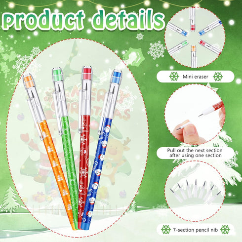 Christmas Stackable Pencils Bulk with Eraser, Multi Point Stackable Push Pencils for School Supplies (48 Pcs)