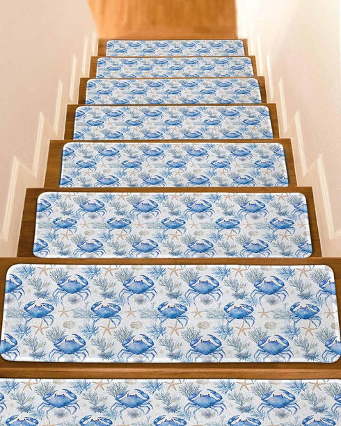 BOHOOSKYLAR Ocean Crab Stair Treads Seaweed Starfish Coral Blue Texture Indoor Non Slip