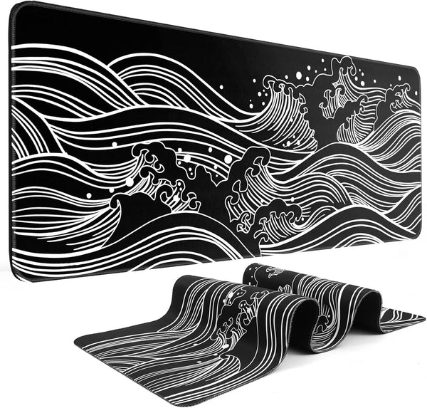 Gaming Mouse Pad - Large 31.5 x 11.8 in Black and White with Non-Slip Rubber Base and Stitching Edges