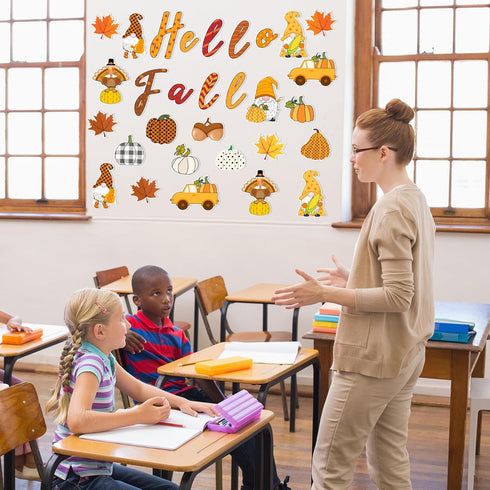 Faccito 70 Pcs Fall Bulletin Board Decorations Set, Hello Fall Cutouts with Autumn Gnome Pumpkin Borders