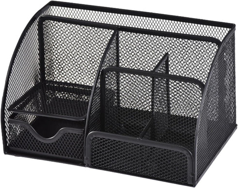 Black Mesh Pen Holder and Organizer with 7 Compartments, Metal Desktop Organizer with Drawer, 9.1" x 5.9" x 5.5''