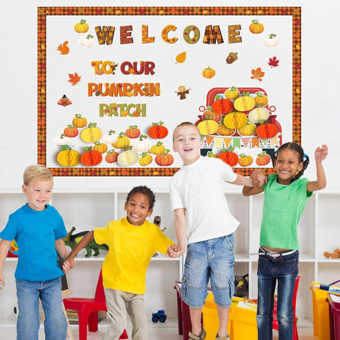 Qilery 98 Pieces Fall Classroom Bulletin Board Decorations, Red Truck Maple Leaves Pumpkin Cutouts for Autumn Decor
