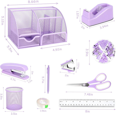 Purple Office Desk Accessories Supplies, 12-Piece Set with Desk Organizers, Tape Dispenser, Stapler, Scissors, Ruler,