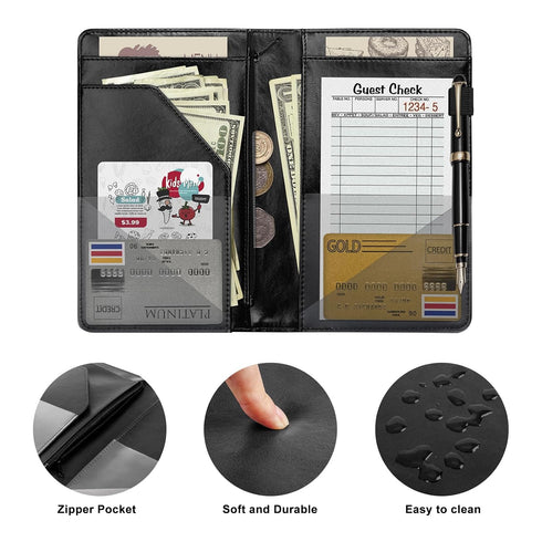 EcoVision Server Book for Waitress, Leather Waiter Organizer with Zipper Pocket, Restaurant Waitstaff Booklet, Guest