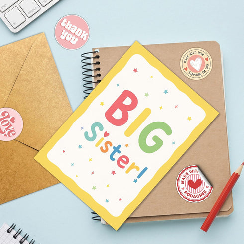8x5.3 Inch Big Sister Greeting Card, Cute Rainbow Lettering with Stars & Hearts, New Big Sister Congratulations Card