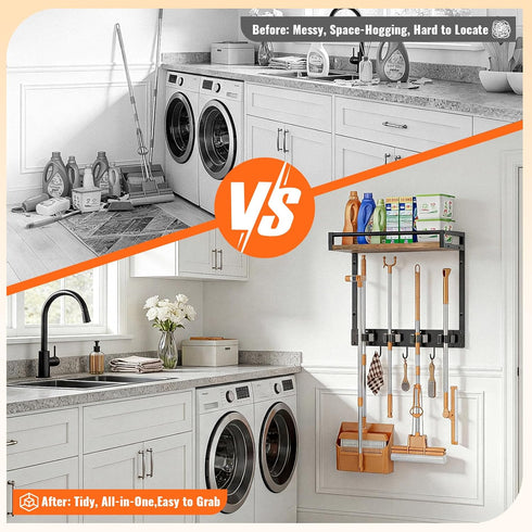 66LBS 4 3 Closet, 1 Pack Broom Holder Wall Mount with Shelf Load Broom and Mop Organizer Wall Hanging Broom Hanger