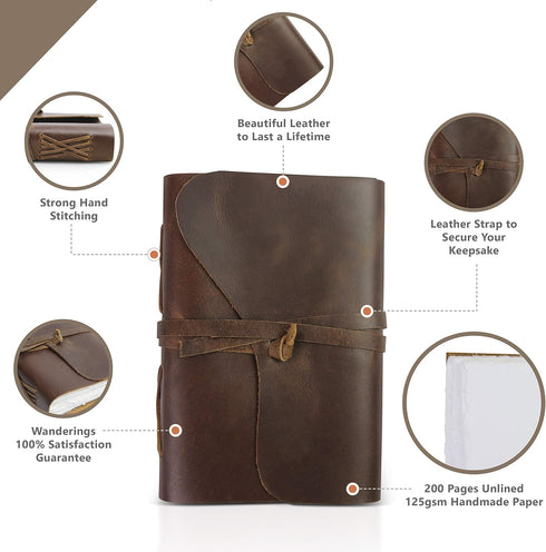 WANDERINGS Vintage Leather Journal - Handmade Leather Bound Notebook with Handmade Ivory Deckle Edge Paper - Perfect for Writing, Watercolors, Sketching, as a Travel Journal or Grimoire, 7x5 by WANDERINGS