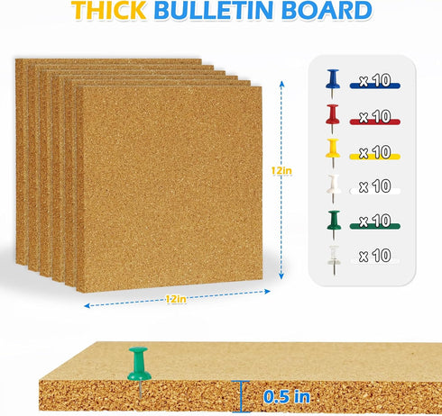 DOLLAR BOSS Cork Board Tiles, 6 Packs 12" x 12" 1/2" Thick Self Adhesive Corkboards with 60 Pushpins