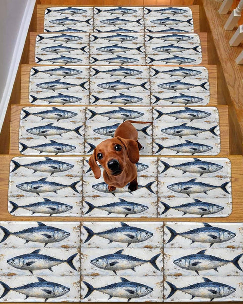 BOHOOSKYLAR 4 8"x30" Marine Life Stair Treads Retro Blue Tuna Oil Painting Wood Texture Indoor Non Slip Peel and Stick