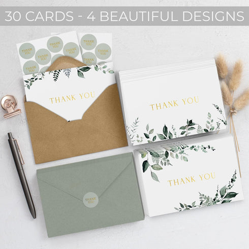 Set 30 ZICOTO Beautiful Thank You Card - Elegant Blank Cards with Envelopes & Stickers - Ideal for Weddings, Business