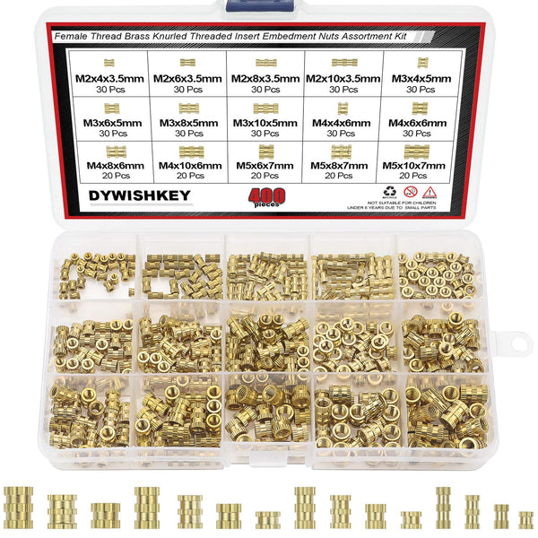 DYWISHKEY 400 Pieces M2 M3 M4 M5 Female Thread Knurled Nuts Brass Threaded Insert Assortment Kit