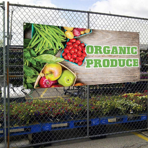Sign Destination 12inx30in, 4 Grommets, Set 2 Vinyl Banner Sign Organic Produce Restaurant Cafe Bar Marketing