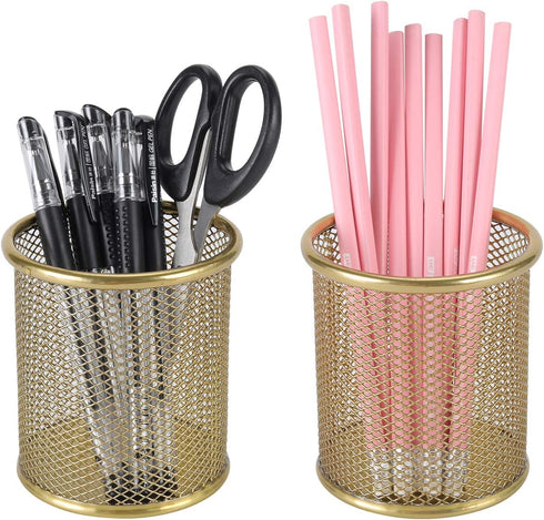 PAG 2 Pack Pencil Holder for Desk, Gold Desktop Pen Cup, Office Supplies Organizers, Makeup Brush Holder