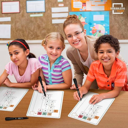 SCRIBBLEDO Division Math Practice Small White Board Dry Erase Sheets, 9”x12”, Pack of 10 for Classroom