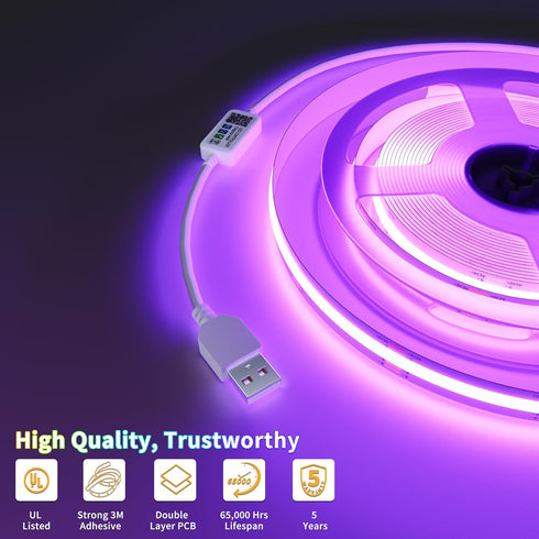 5V 4.92ft/1.5m PAUTIX USB COB RGB LED Strip Light Color Changing Light Strips,TV Backlight Multicolor Flexible Under