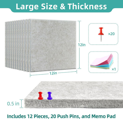 Large Cork Board for Walls, 47"x35" Bulletin Board, 12 Pack White Felt Wall Tiles