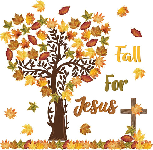 CY2SIDE Fall for Jesus Bulletin Board - 109PCS, Fall Maple Leaves Love Tree Set with Watercolor Cross Cutouts