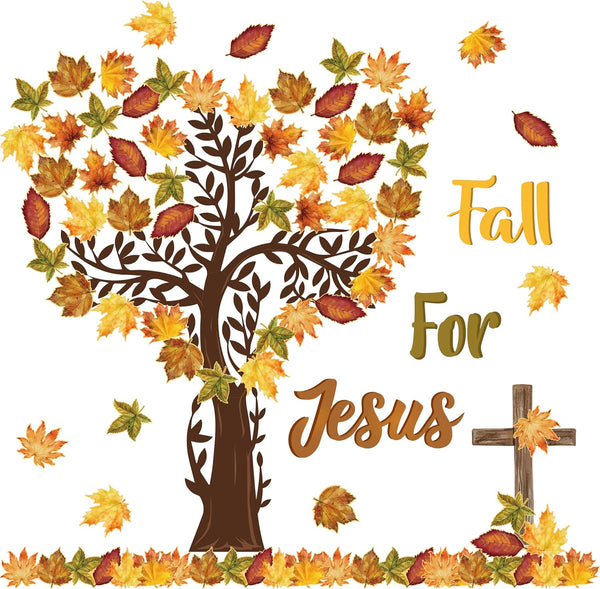 CY2SIDE Fall for Jesus Bulletin Board - 109PCS, Fall Maple Leaves Love Tree Set with Watercolor Cross Cutouts