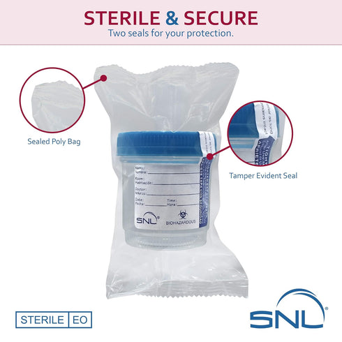 SNL Quality Sterile Specimen Cup, 3oz/90ml, Screw-on Lid with Tamper Evident Seal, Blue Cover (5 Pack)