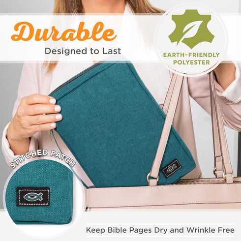 Christian Art Gifts Medium Bible Cover for Men/Women - Jesus Fish, Teal Canvas