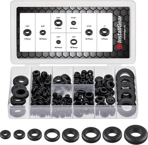 InstallGear 180pc Assorted Rubber Grommet Kit - 8 Sizes for Wiring Automotive, Rubber Wire Grommets