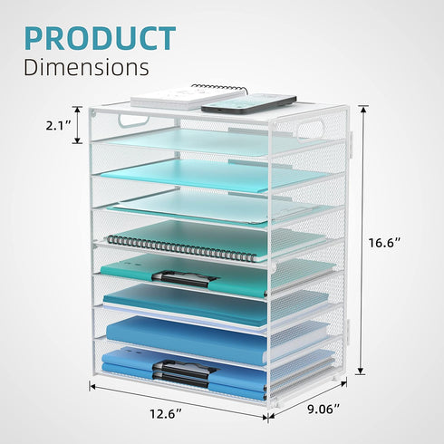 DALTACK 9-Tier Paper Letter Tray Desk Organizer with Handles, Mesh File Holder for Office, Home, School, White