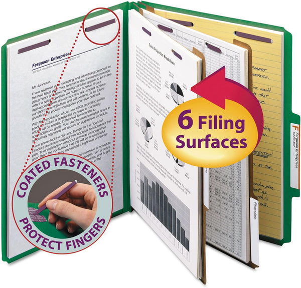 Smead Pressboard Classification File Folder - SafeSHIELD Fasteners, 2 Dividers, 2" Expansion, Letter Size, Green