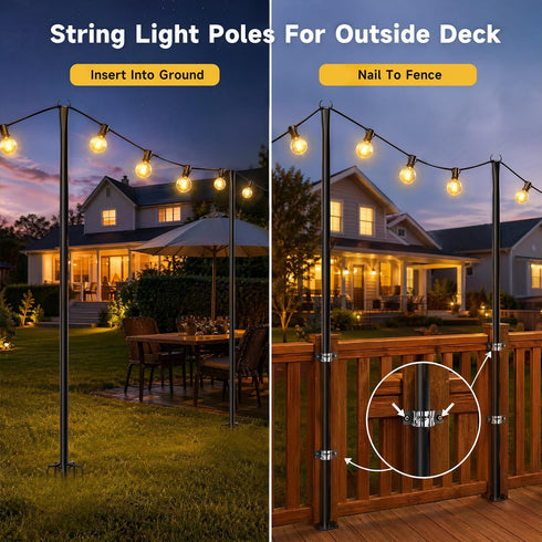 MuliVid 2 Pack 10FT Lighting Hanging Pole for Outside, Waterproof Hardened Metal Outdoor String Light Poles for Patio