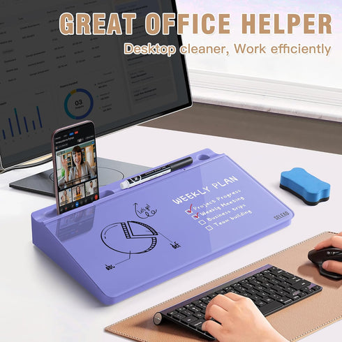 SELEAD Desktop Glass Whiteboard with Storage, Small Dry Erase White Board Computer Pad Keyboard Stand for Home, School