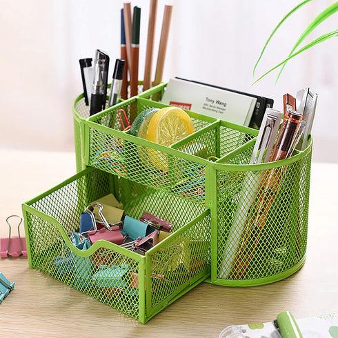 VANRA Metal Mesh Desk Supply Caddy, Desktop Office Supplies Organizer, 8 Compartments with Drawer (Green)