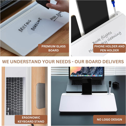 Garood Desktop Whiteboard with Storage, 15.8 x 7 x 2 inches, Glass Desktop Dry Erase Board, Phone Tablet Holder