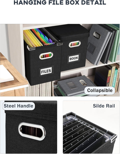 Oterri File Organizer Box with Lid, Hanging Document Organizer with Mesh Pocket for Letter Files, 2 PCS Black Storage