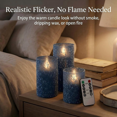 Set 3, Blue Flameless Candles with Remote, Battery Operated Pillar Candles of Flickering Real Wax LED Candles