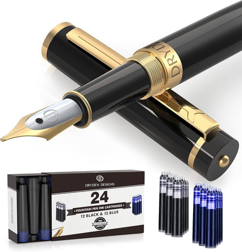 Dryden Designs Fountain Pen Medium Nib Gift Pouch - Includes 24 Ink Cartridges - MCM (Intense Black)