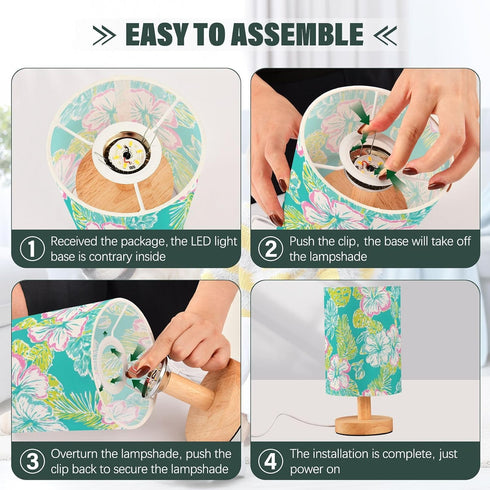 ALAZA Bedside Table Lamp for Bedroom Pink Green Floral Leaves Nightstand LED Light Lamps with USB Port Linen Fabric
