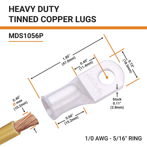 SELTERM 10pcs 1/0 AWG-5/16" Stud Tinned Copper Wire Lugs, Heavy Duty Battery Cable Ends, UL Marine Grade