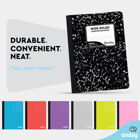 Emraw Composition Books, Black & White Marble Style, Durable Cover, Wide Ruled, 100 Sheets, Pack of 6