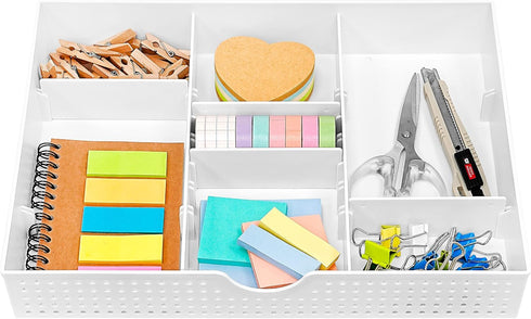 CAXXA 3 Slot Drawer Organizer, White - 4 Adjustable Dividers for Junk Drawer Storage, Office Desk Supplies