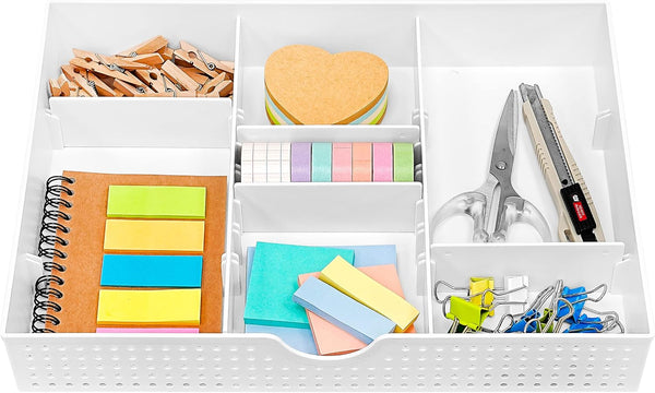 CAXXA 3 Slot Drawer Organizer, White - 4 Adjustable Dividers for Junk Drawer Storage, Office Desk Supplies