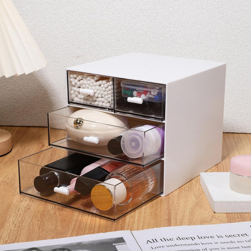 Ciieeo Desk Organizer with 4 Drawers - Clear Plastic Storage Box for Office Supplies, Pens, Markers, Cosmetics