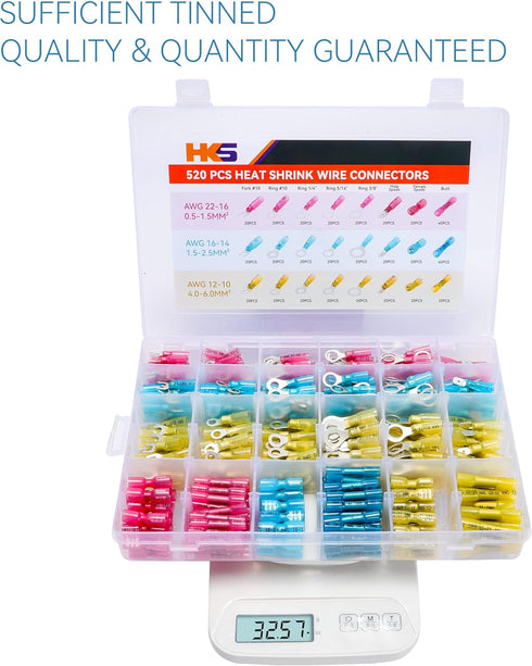 HKS 520PCS Heat Shrink Wire Connectors Kit – Tinned Red Copper for Marine Automotive Electrical Waterproof Insulated